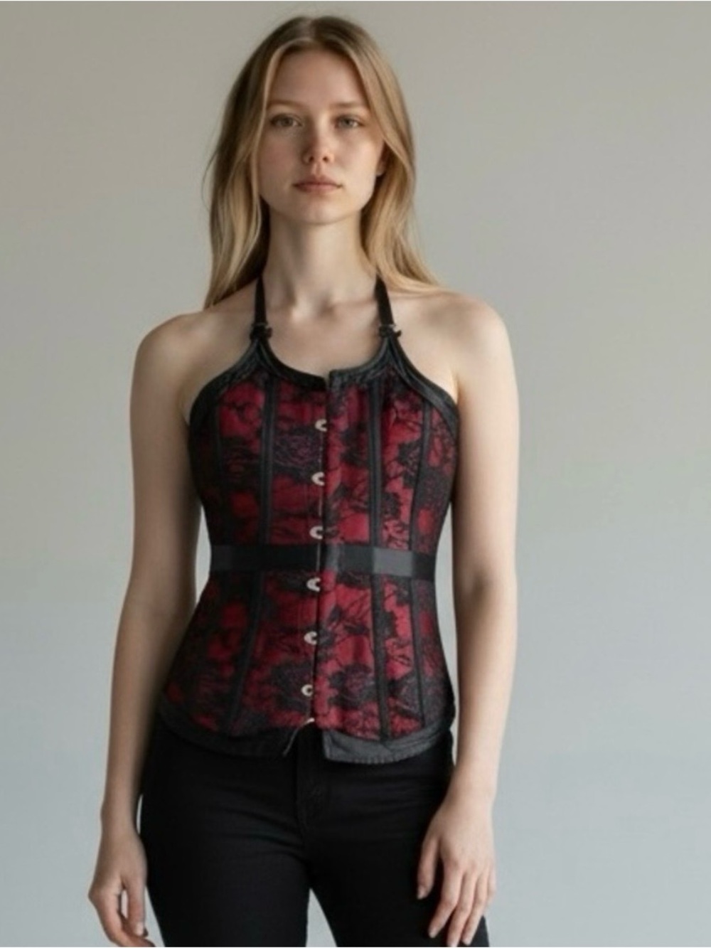Elegant Black and Red Lace Halter Bustier Top